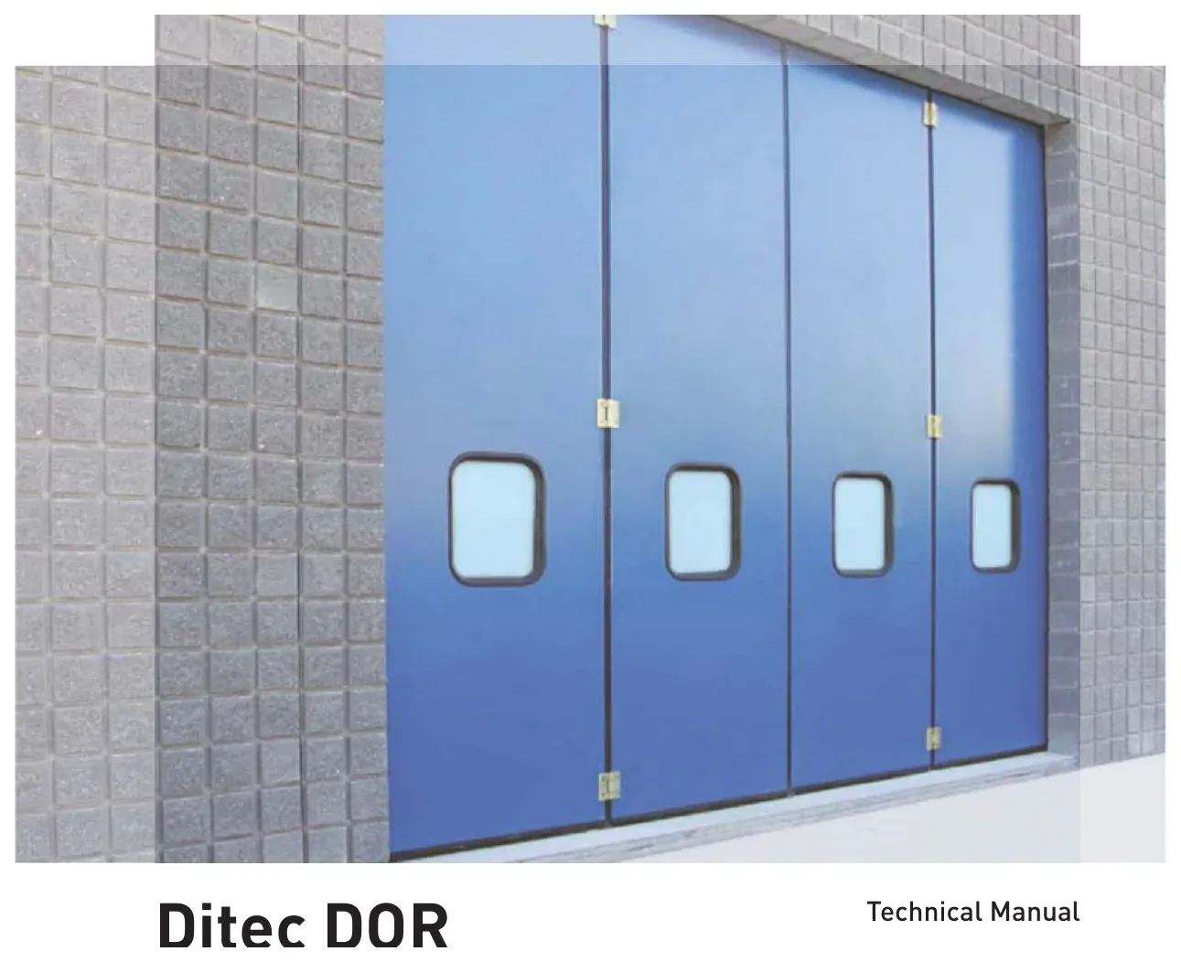 Обкладинка технічного посібника Ditec DOR з фото синіх складних воріт і написом Technical Manual.