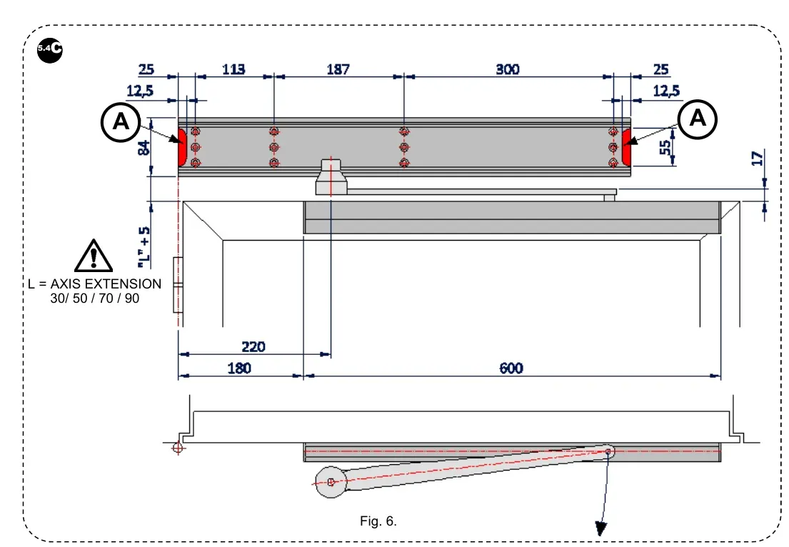 Рис. 6 — Позиціонування для ліво-відкриваних дверей (жорсткий важіль)