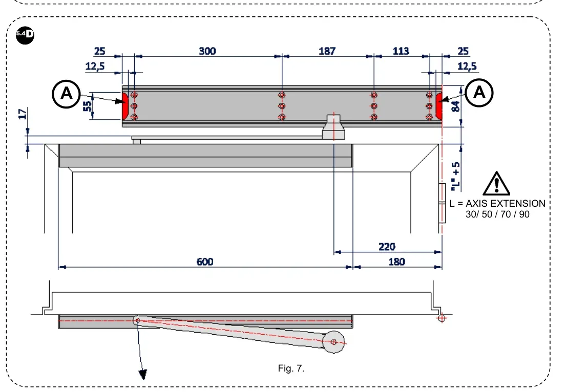Рис. 7 — Позиціонування для право-відкриваних дверей (жорсткий важіль)
