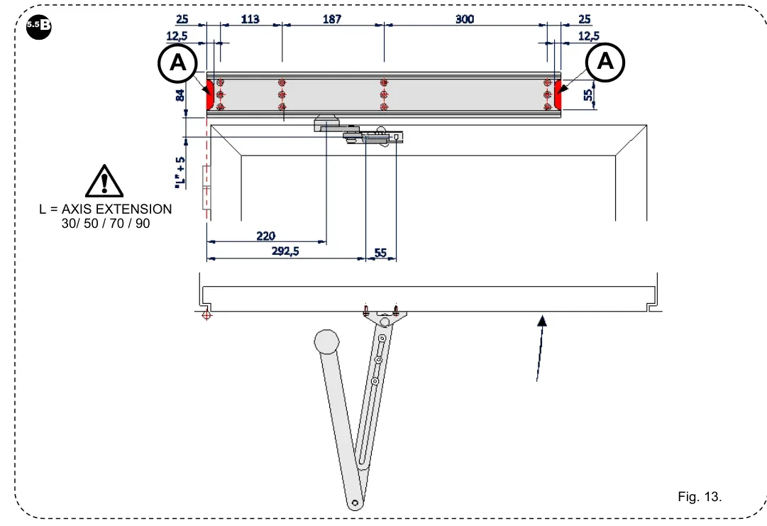Рис. 13 — Позиціонування для ліво-відкриваних дверей зі штовхаючим важелем