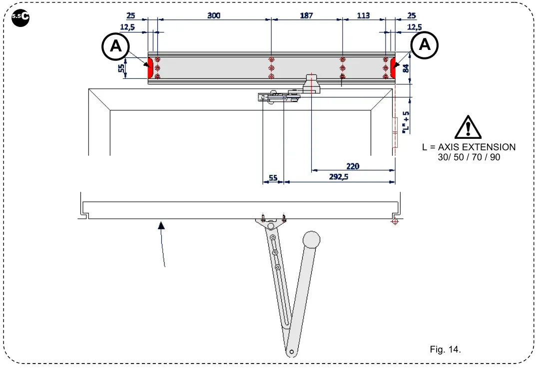 Рис. 14 — Позиціонування для право-відкриваних дверей зі штовхаючим важелем