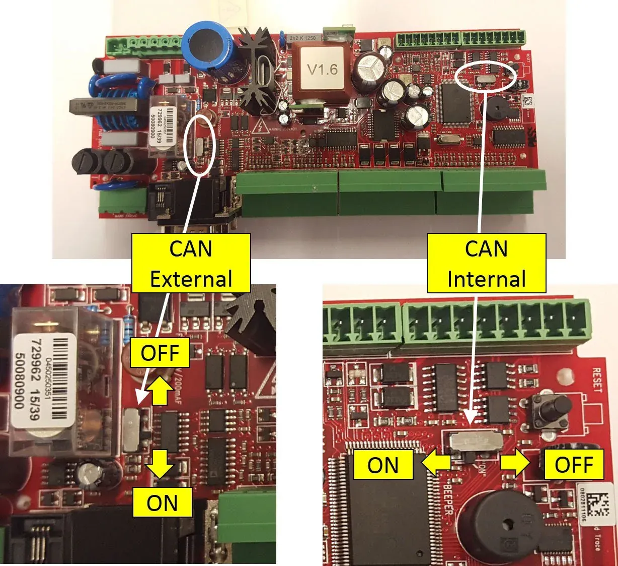 Розташування перемикачів CAN External і CAN Internal на Microboon V1.6