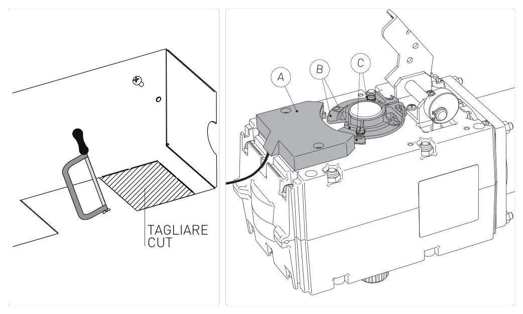 Монтаж кінцевого вимикача: вирізання отвору TAGLIARE/CUT і встановлення вузла з деталями A, B, C.