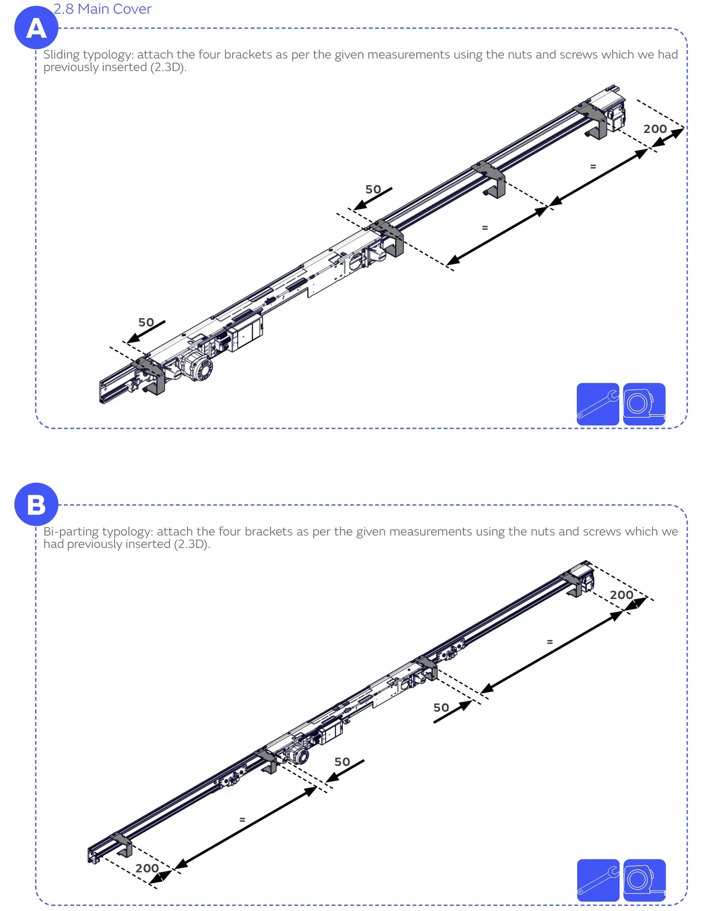 Положення кронштейнів основної кришки Visio+100 для розсувної та двостулкової типології