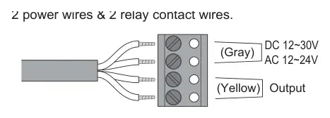 Схема підключення: два дроти живлення DC 12–30V або AC 12–24V та жовтий вихідний контакт.